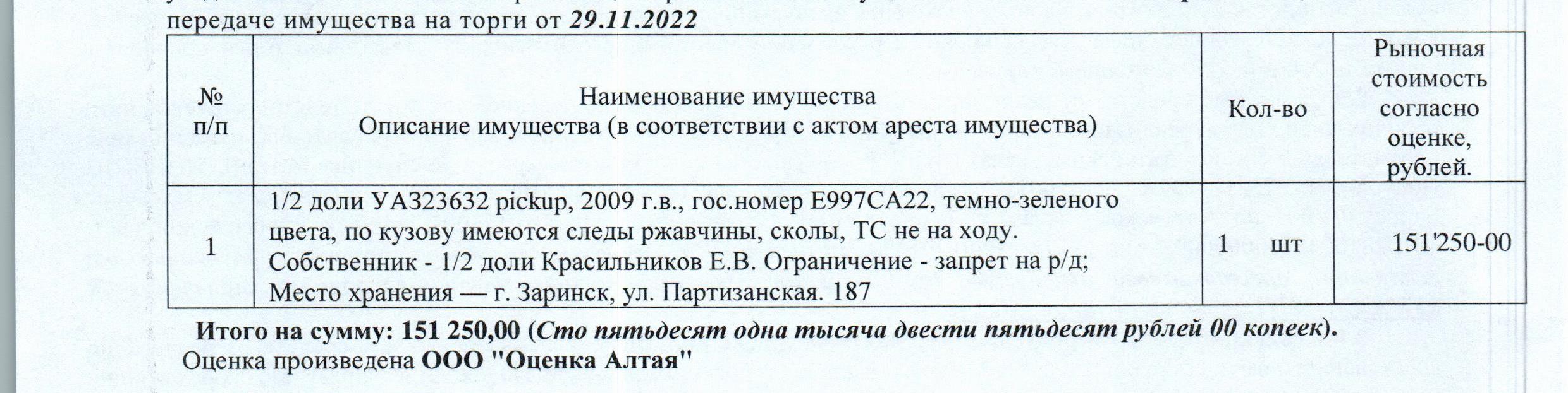 Лот№9 1/2 доля в праве собственности на автомобиль УАЗ23632 pickup, 2009 г.в., г/н Е997СА22, цвет: т