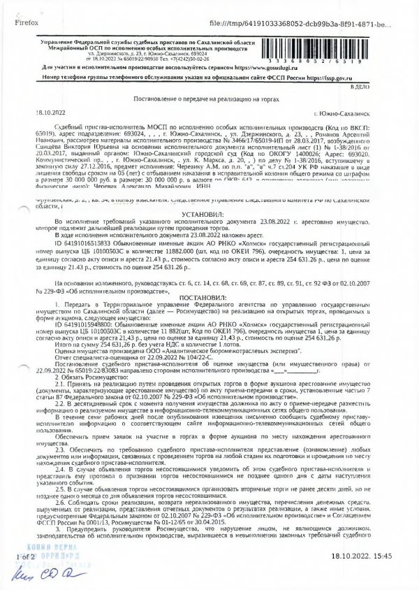 Обыкновенные именные акции АО РНКО "Холмск", государственный регистрационный № выпуска ЦБ 
